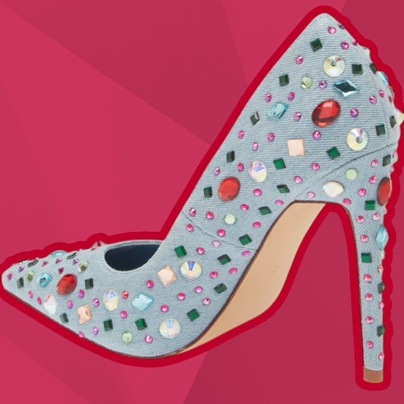 NWT Azalea Wang ‘Camellia’ Pointed Toe Stiletto Pump in “Blue Denim” Jeweled 6 - Picture 2 of 16